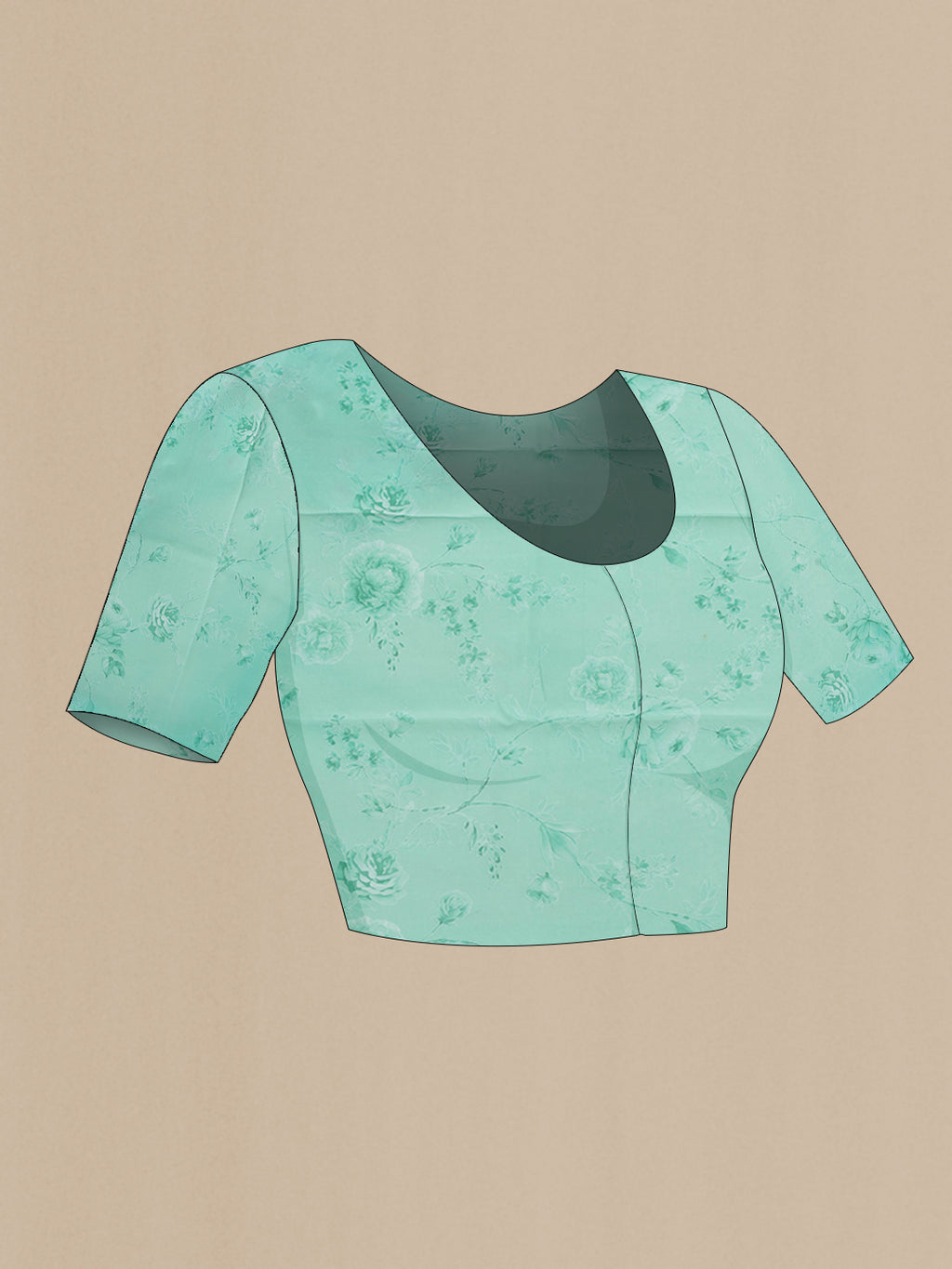 Close up image of the blouse of Sea Green Mysore Chiffon Saree with Printed design on the body and Plain Border. 