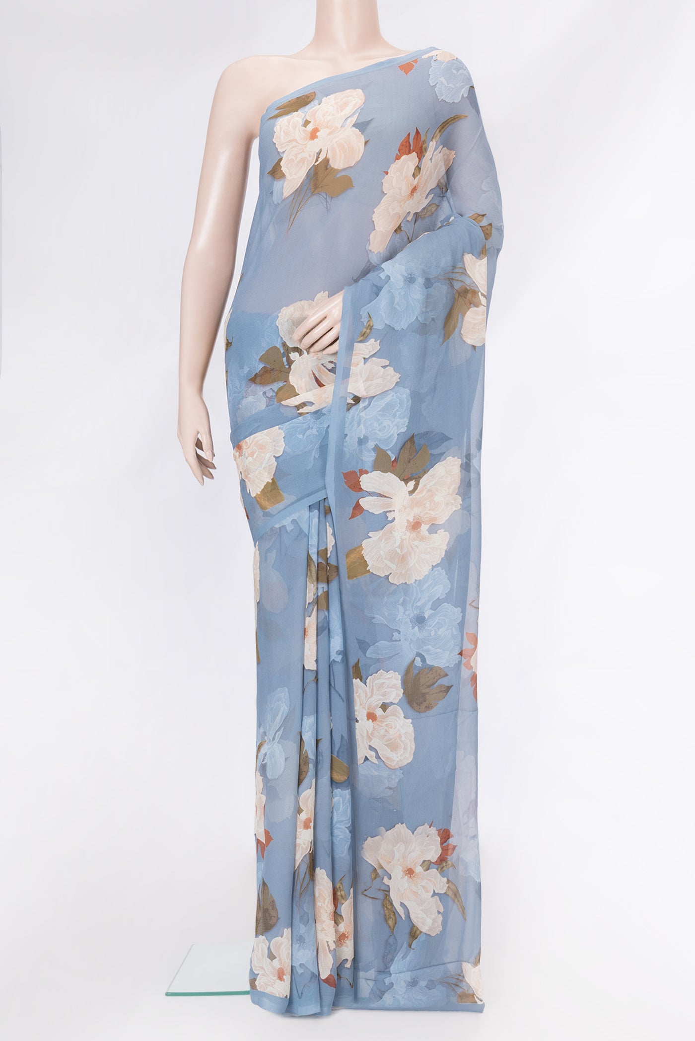 Blue Grey Mysore Chiffon Saree with Printed design on the body and Without Border.  displayed on a mannequin