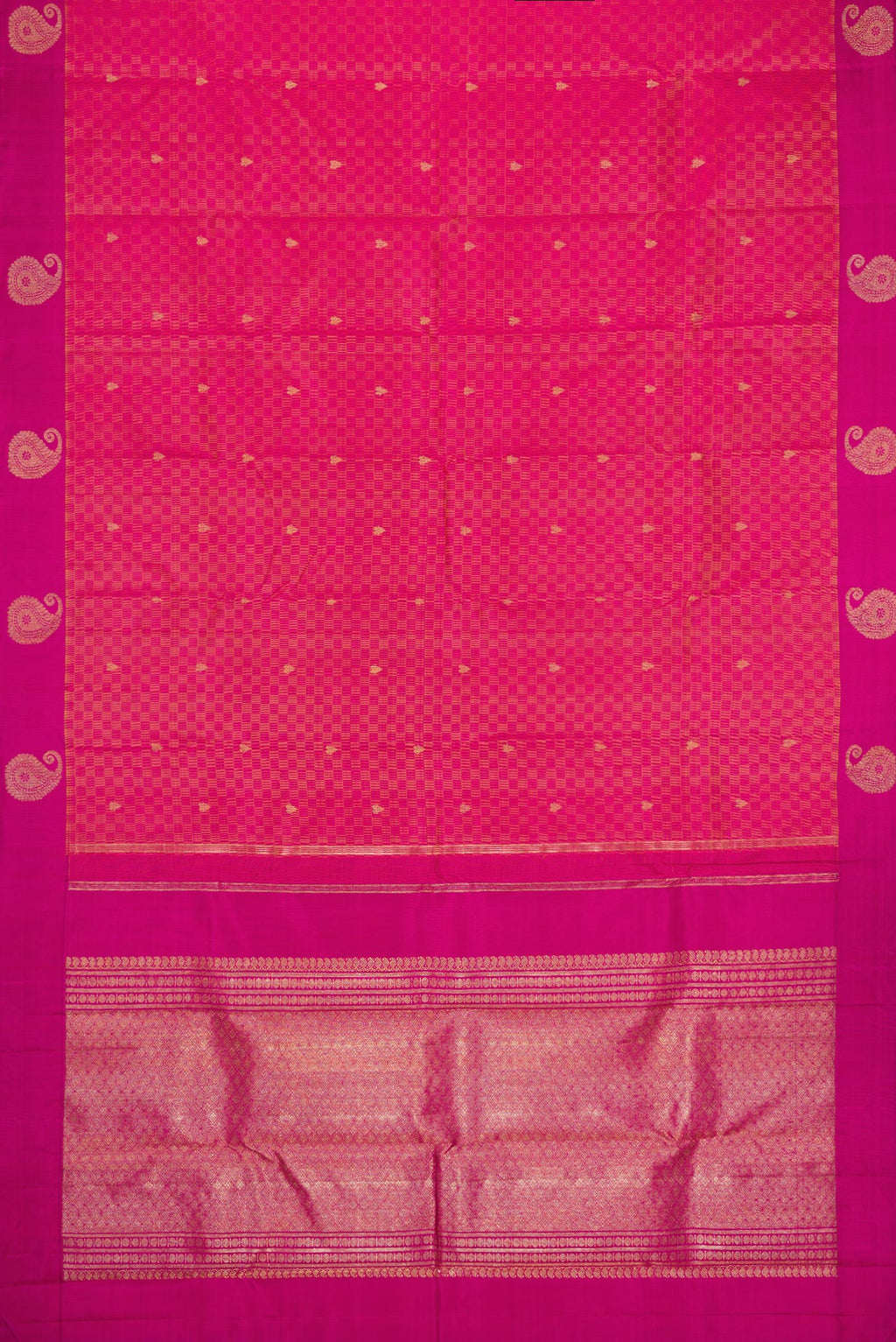 Flat view of Pure Silk Pure Zari Peach Dual Tone Kanchipuram Saree with Zari Butta on the body and Fancy Border. 