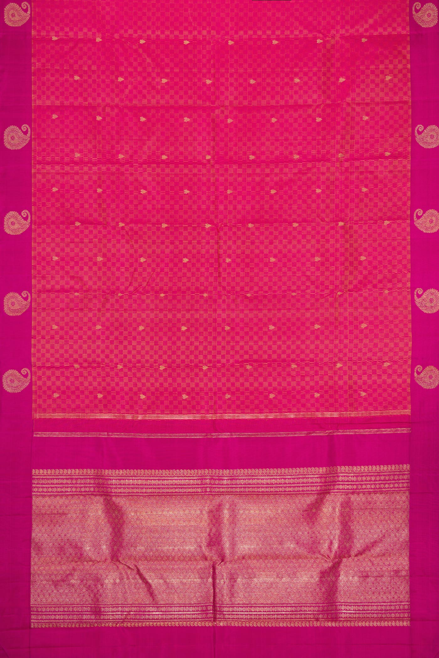Flat view of Pure Silk Pure Zari Peach Dual Tone Kanchipuram Saree with Zari Butta on the body and Fancy Border. 