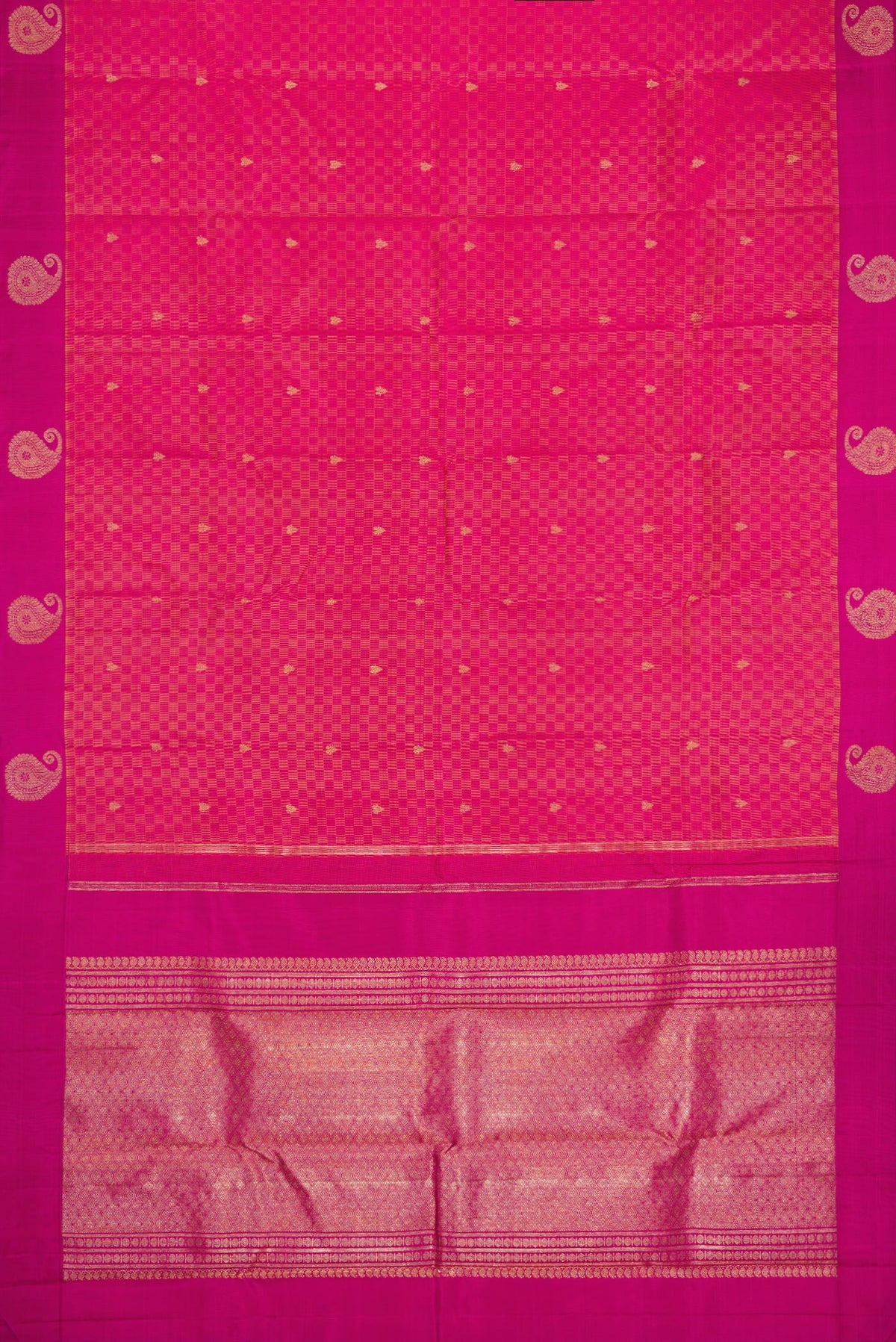 Flat view of Pure Silk Pure Zari Peach Dual Tone Kanchipuram Saree with Zari Butta on the body and Fancy Border. 