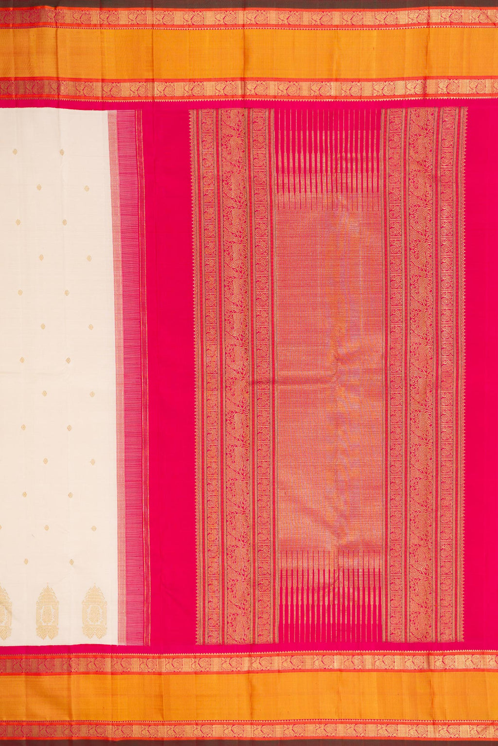 Close up image of the pallu of Pure Silk Pure Zari Off White Dual Tone Kanjivaram Saree with Zari Butta on the body and Fancy Border. 
