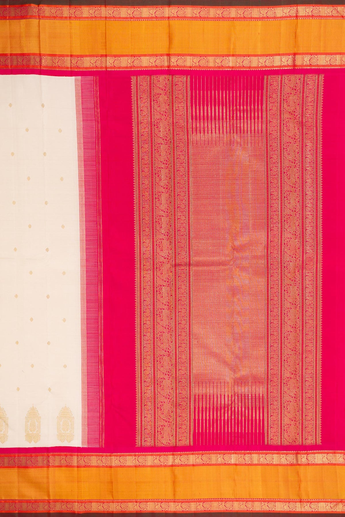 Close up image of the pallu of Pure Silk Pure Zari Off White Dual Tone Kanjivaram Saree with Zari Butta on the body and Fancy Border. 