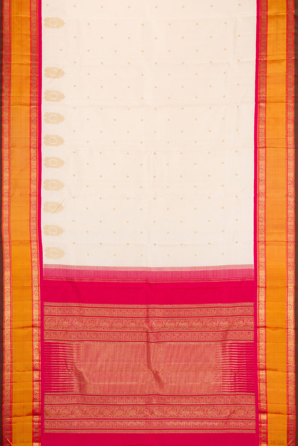 Flat view of Pure Silk Pure Zari Off White Dual Tone Kanjivaram Saree with Zari Butta on the body and Fancy Border. 