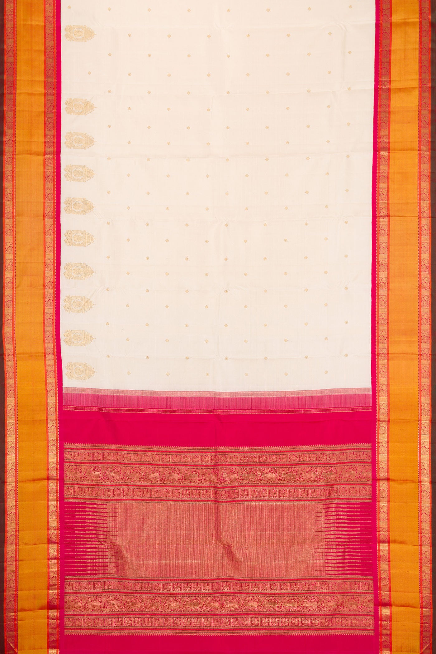 Flat view of Pure Silk Pure Zari Off White Dual Tone Kanjivaram Saree with Zari Butta on the body and Fancy Border. 
