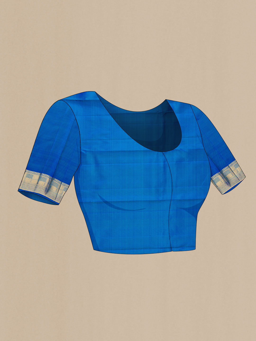 Close up image of the blouse of Pure Silk Pure Zari Peacock Blue Dual Tone Kanjivaram Saree with Zari Butta on the body and Zari Border. 