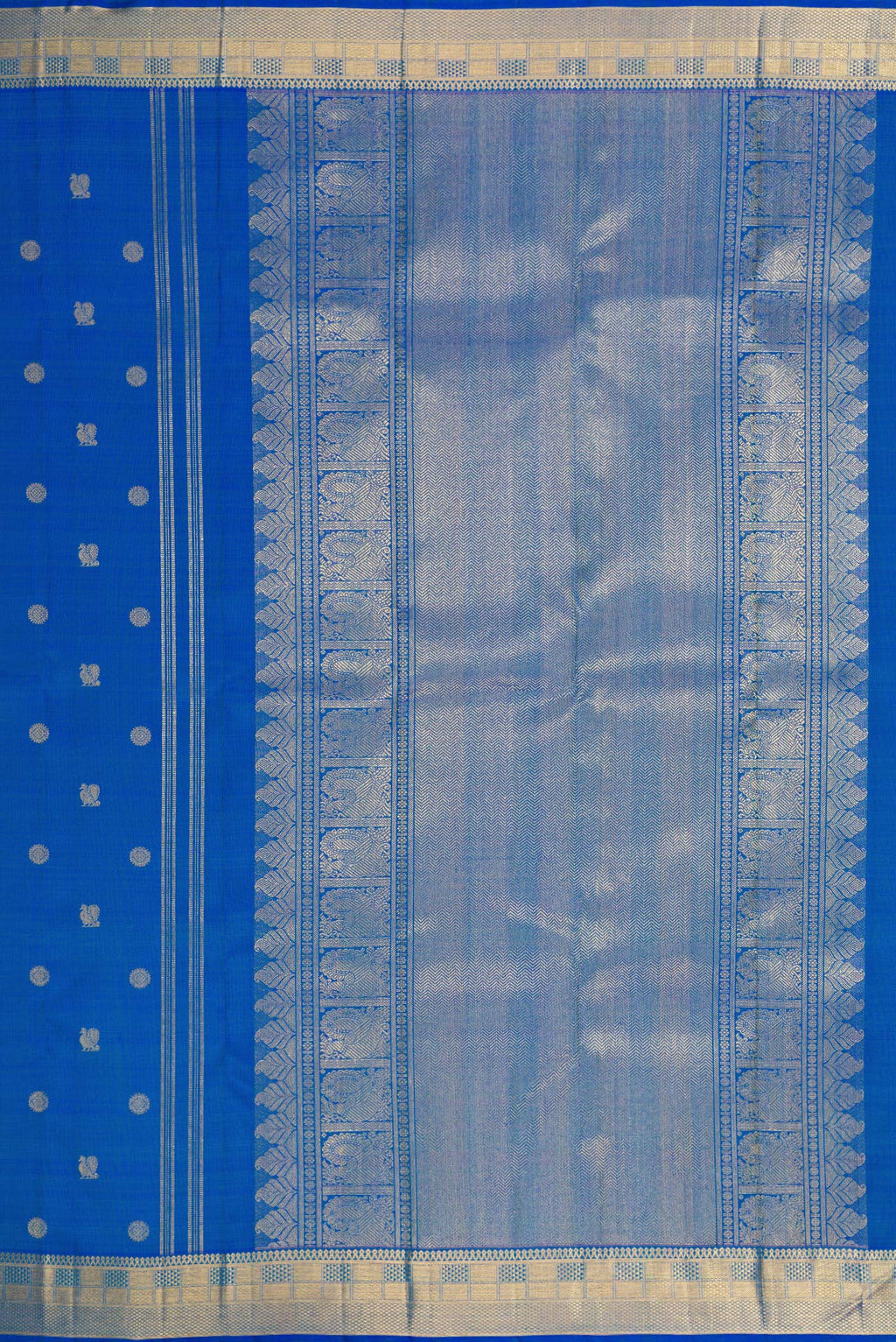 Close up image of the pallu of Pure Silk Pure Zari Peacock Blue Dual Tone Kanjivaram Saree with Zari Butta on the body and Zari Border. 