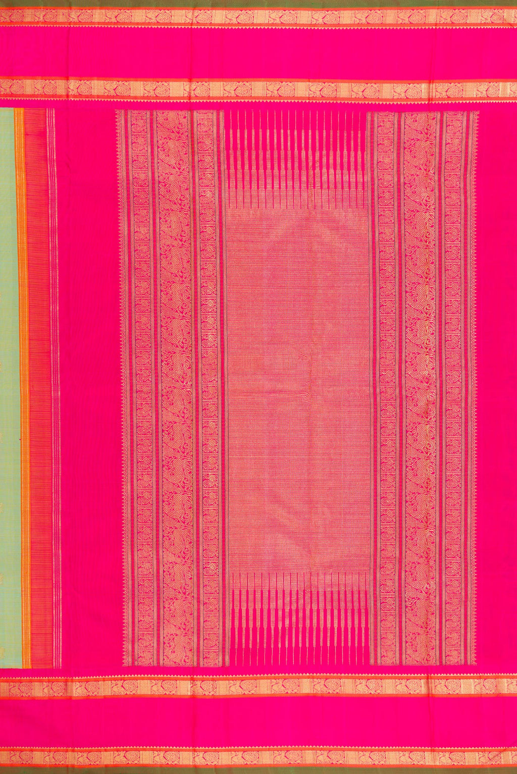 Close up image of the pallu of Pure Silk Pure Zari Pista Green Kanjivaram Saree with Zari Butta on the body and Zari Border. 