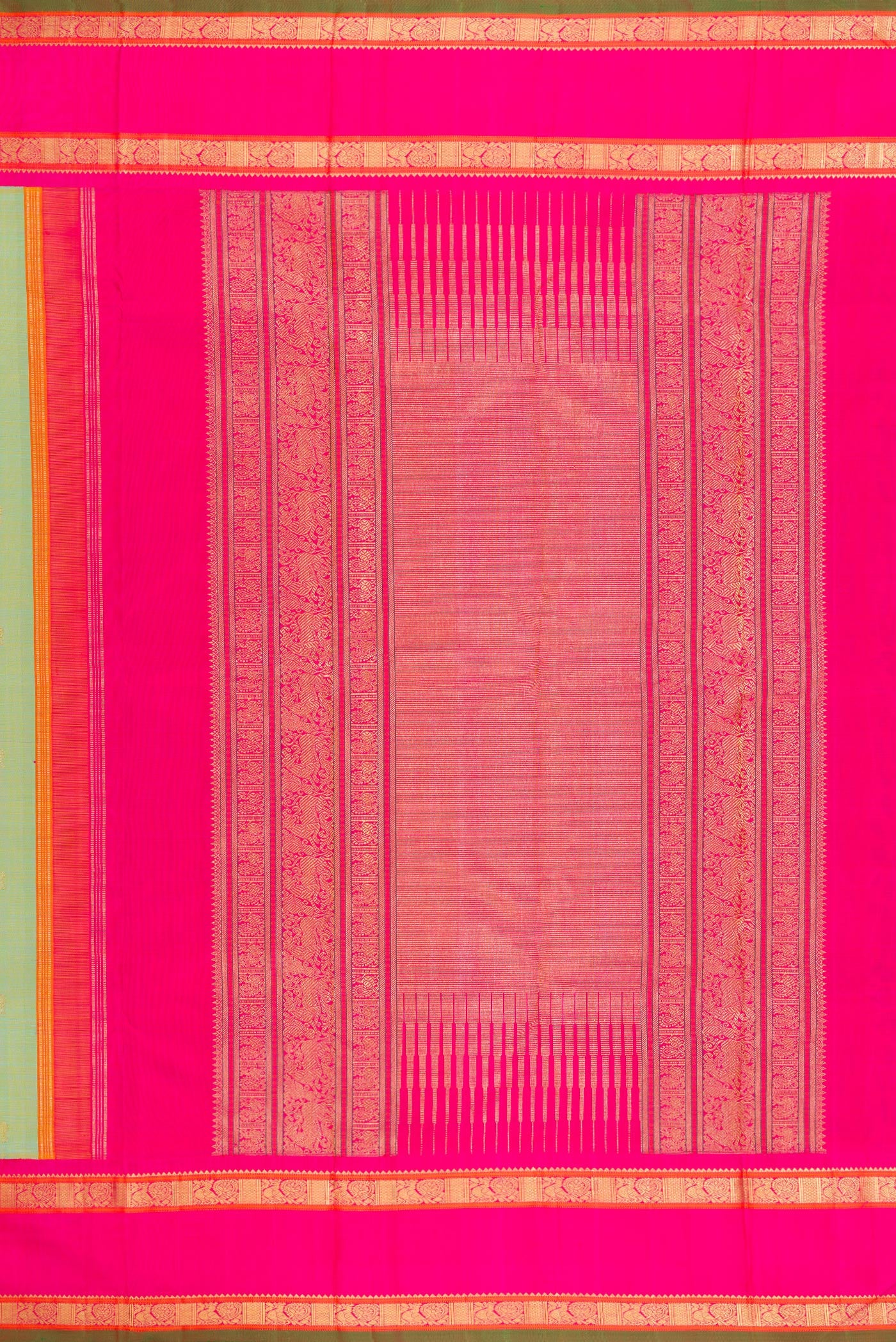 Close up image of the pallu of Pure Silk Pure Zari Pista Green Kanjivaram Saree with Zari Butta on the body and Zari Border. 