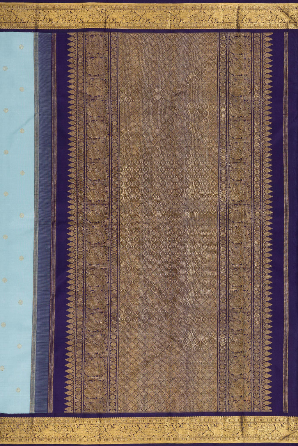 Close up image of the pallu of Pure Silk Pure Zari Sky Blue Dual Tone Kanjivaram Saree with Zari Butta on the body and Zari Border. 