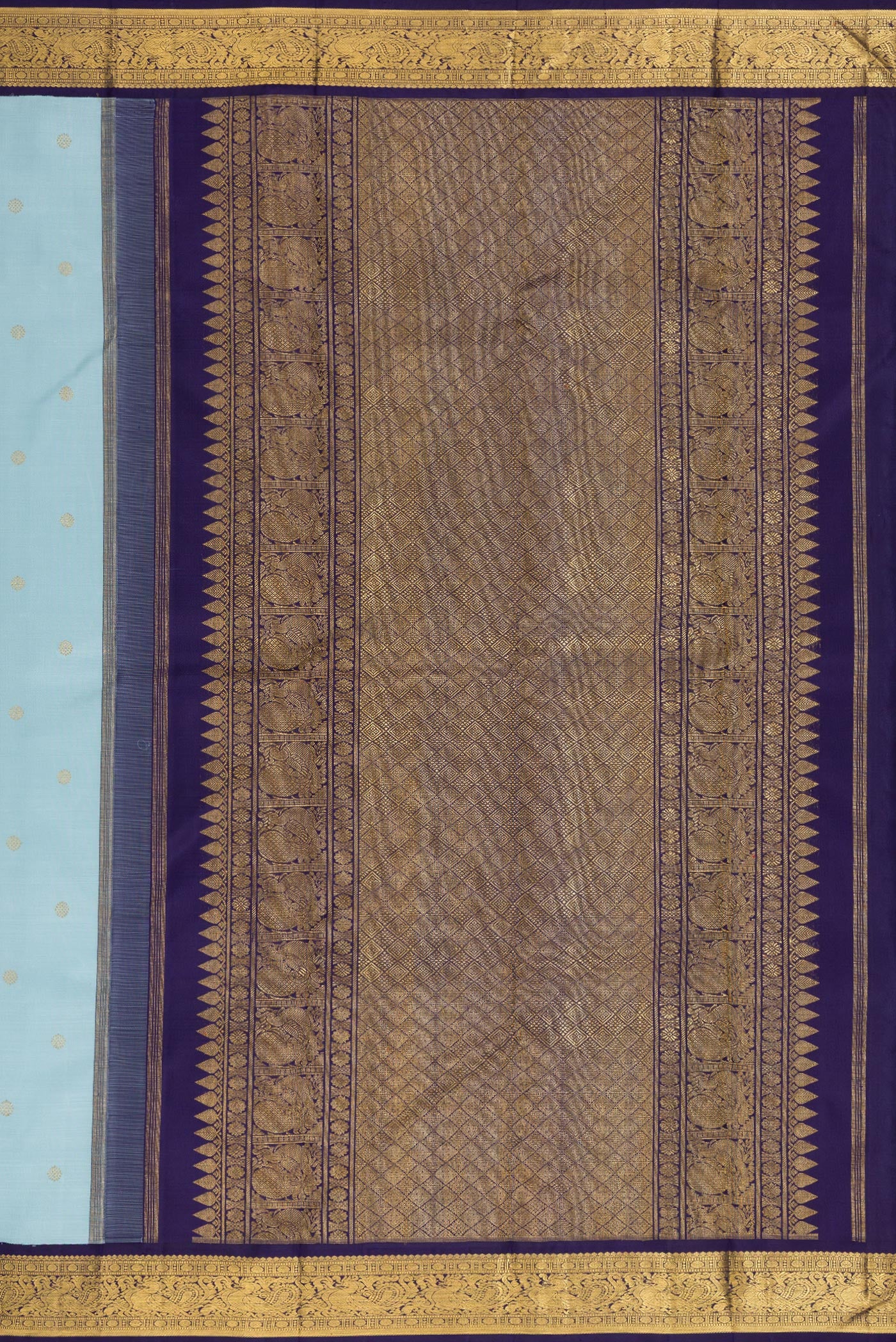 Close up image of the pallu of Pure Silk Pure Zari Sky Blue Dual Tone Kanjivaram Saree with Zari Butta on the body and Zari Border. 
