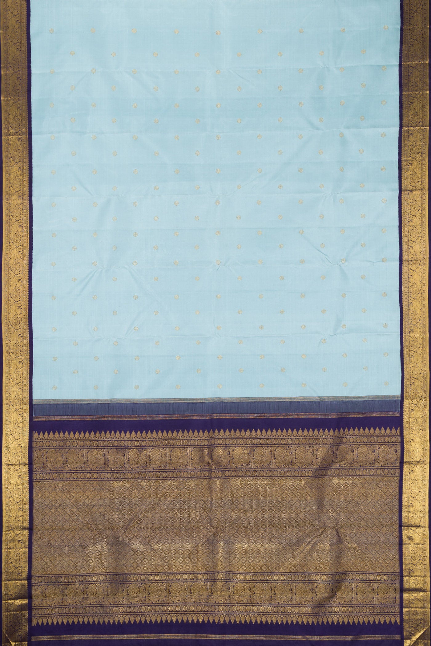 Flat view of Pure Silk Pure Zari Sky Blue Dual Tone Kanjivaram Saree with Zari Butta on the body and Zari Border. 