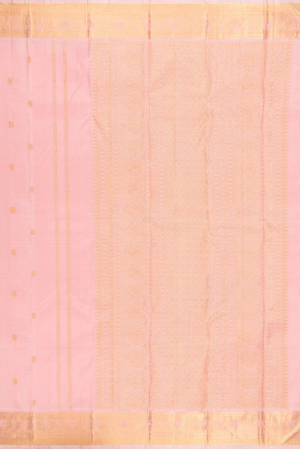 Close up image of the pallu of Pure Silk Pure Zari Rose pink Kanjivaram Saree with Zari Butta on the body and Zari Border. 