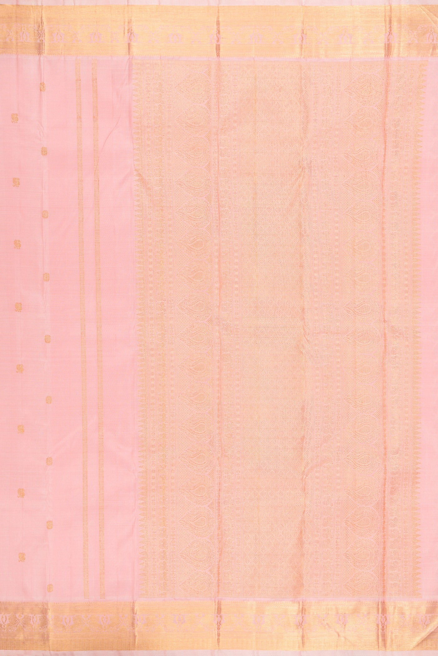 Close up image of the pallu of Pure Silk Pure Zari Rose pink Kanjivaram Saree with Zari Butta on the body and Zari Border. 