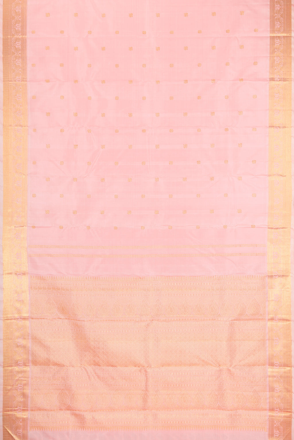 Flat view of Pure Silk Pure Zari Rose pink Kanjivaram Saree with Zari Butta on the body and Zari Border. 