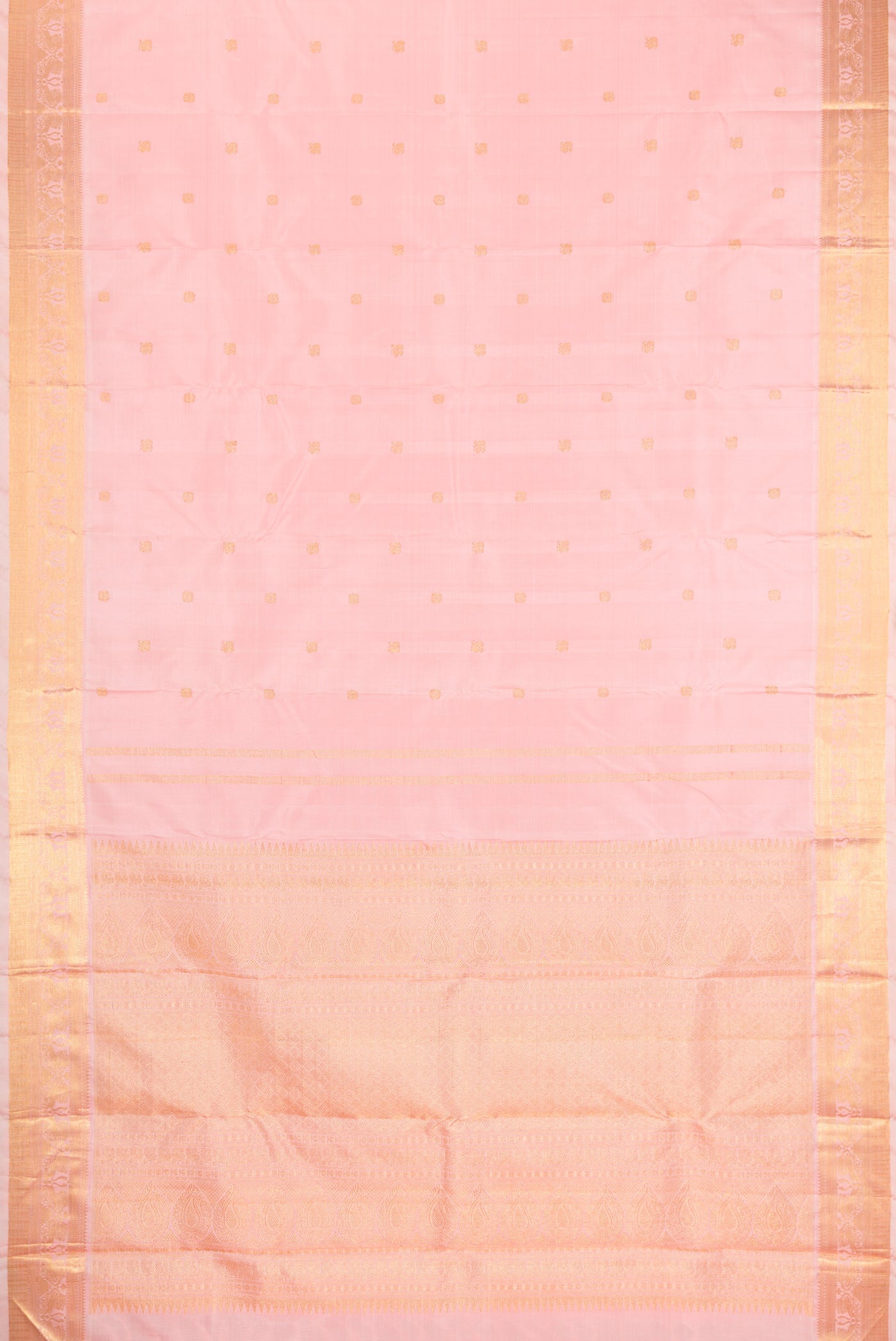 Flat view of Pure Silk Pure Zari Rose pink Kanjivaram Saree with Zari Butta on the body and Zari Border. 