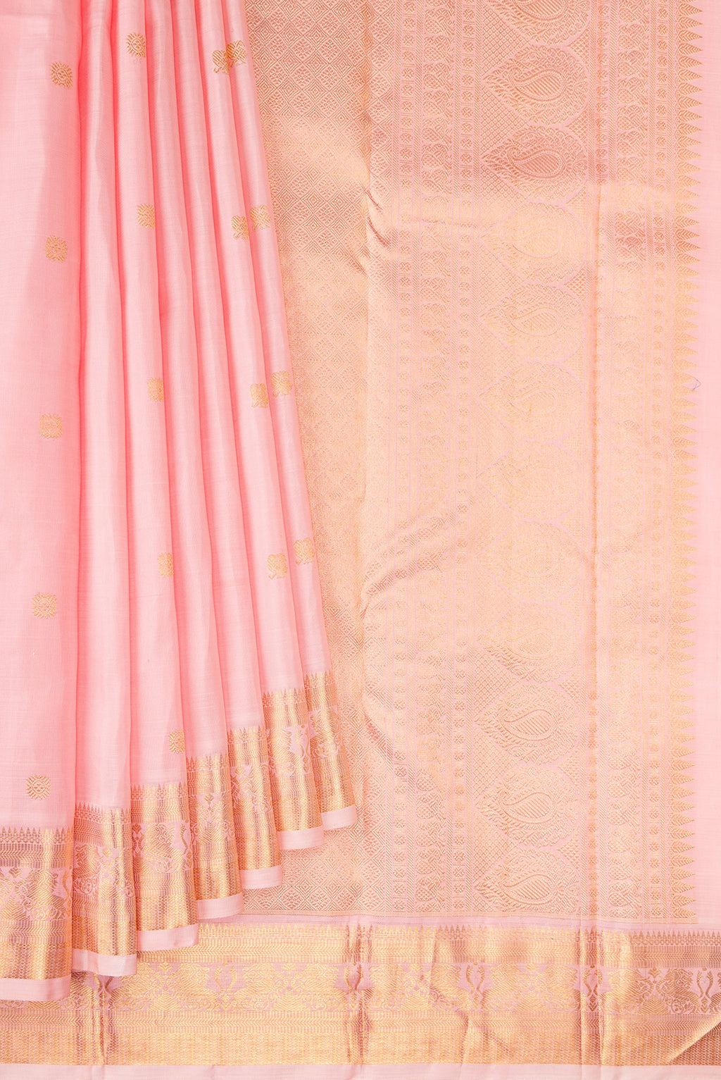 Pleats and pallu of Pure Silk Pure Zari Rose pink Kanjivaram Saree with Zari Butta on the body and Zari Border. 