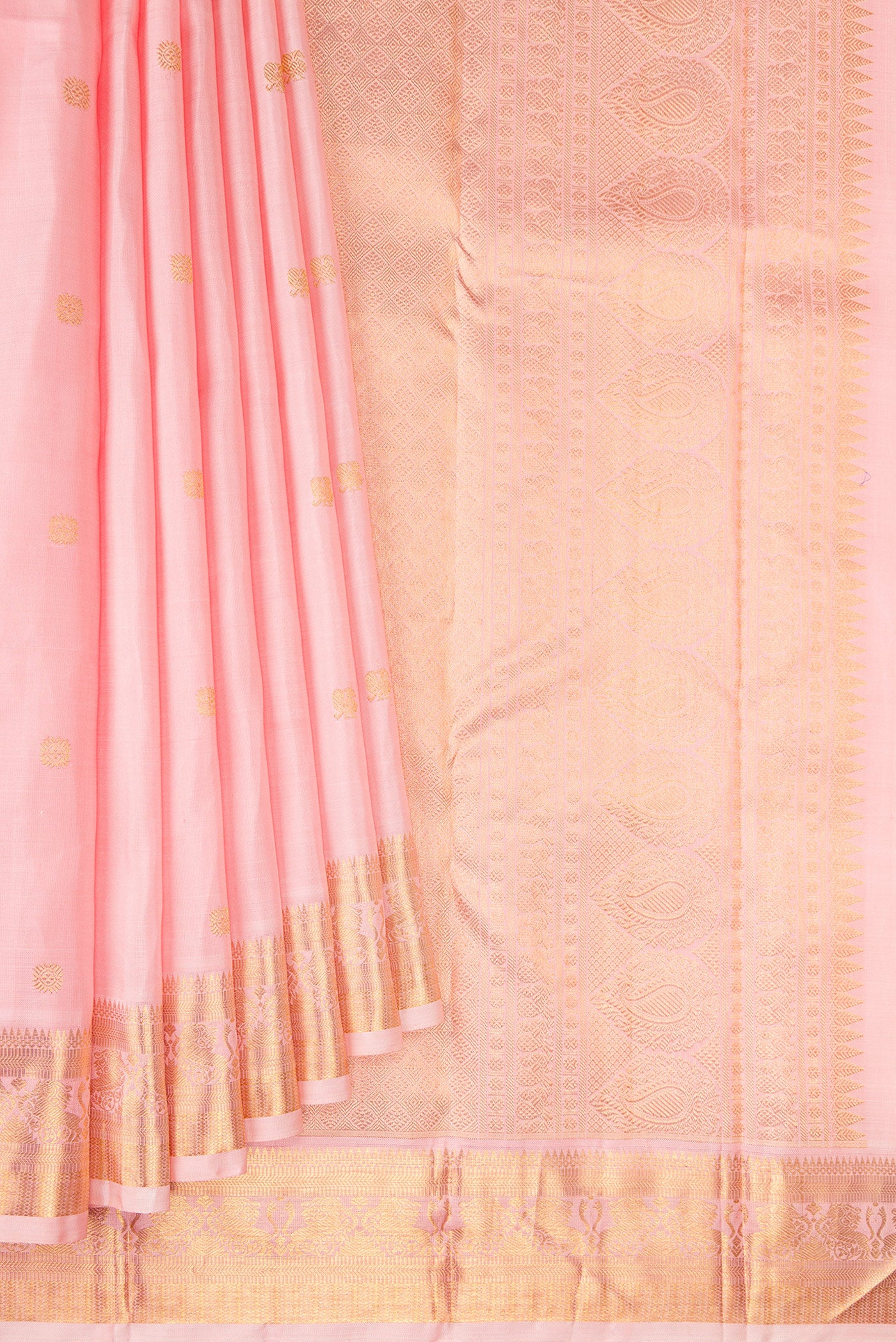 Pleats and pallu of Pure Silk Pure Zari Rose pink Kanjivaram Saree with Zari Butta on the body and Zari Border. 