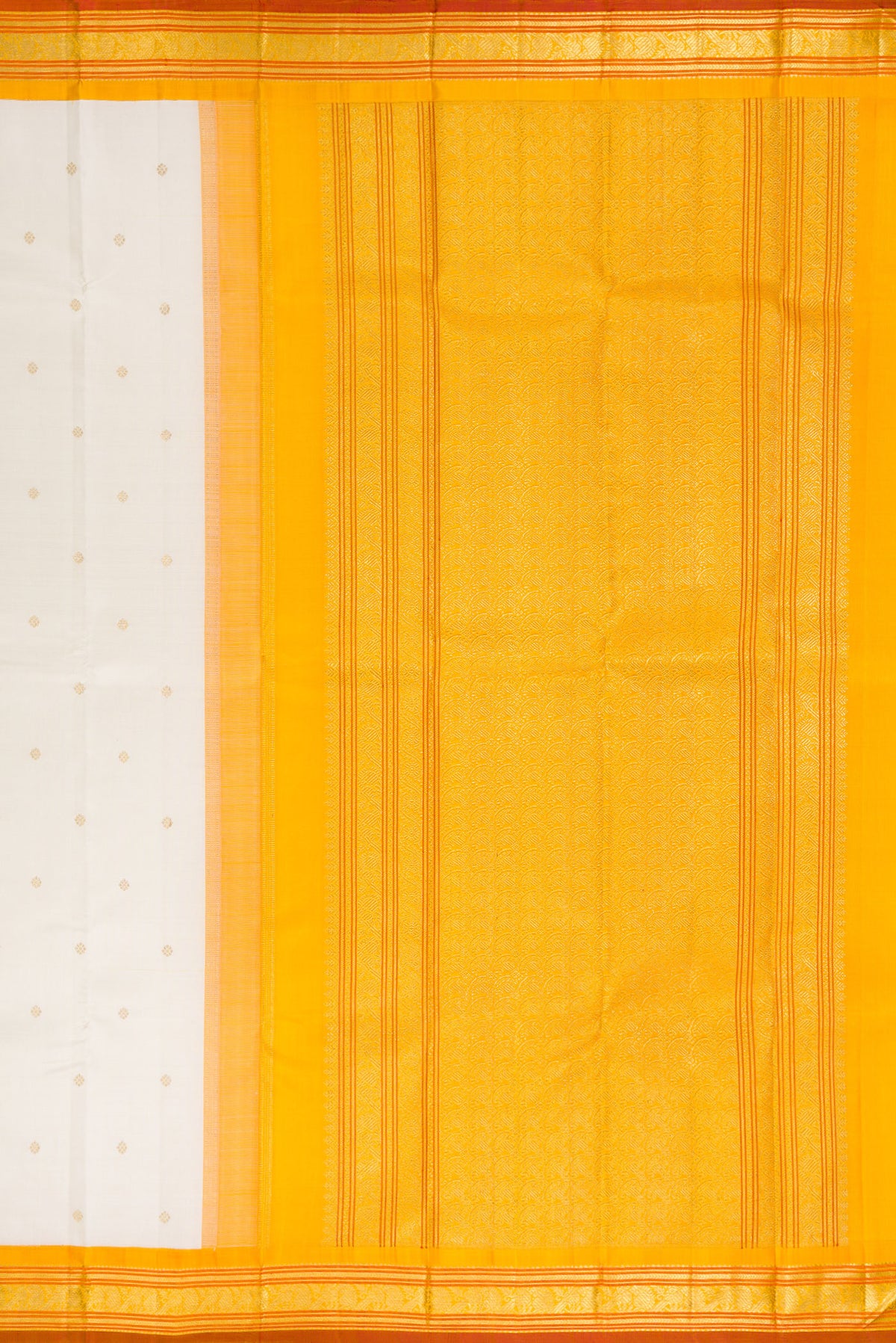 Close up image of the pallu of Pure Silk Pure Zari Off White Kanjivaram Saree with Zari Butta on the body and Zari Border. 