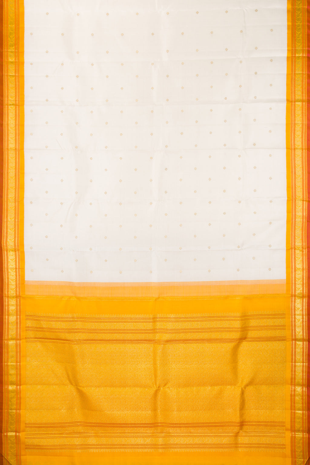 Flat view of Pure Silk Pure Zari Off White Kanjivaram Saree with Zari Butta on the body and Zari Border. 