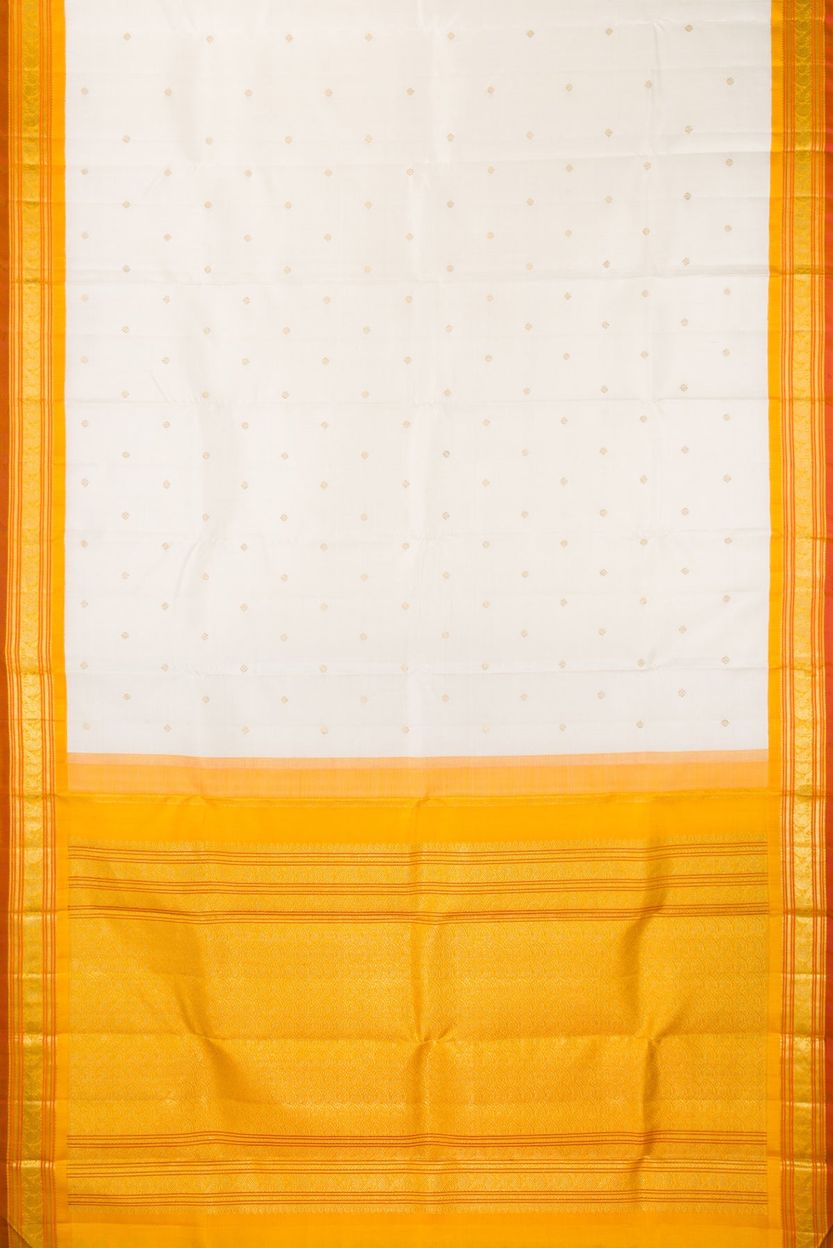 Flat view of Pure Silk Pure Zari Off White Kanjivaram Saree with Zari Butta on the body and Zari Border. 