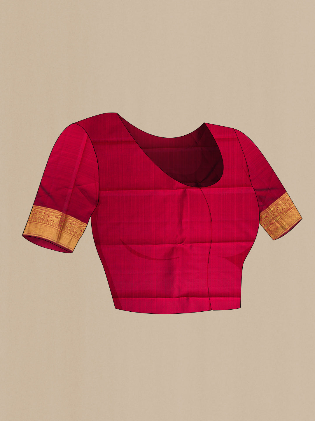 Close up image of the blouse of Pure Silk Pure Zari Maroon Kanjivaram Saree with Zari Butta on the body and Zari Border. 