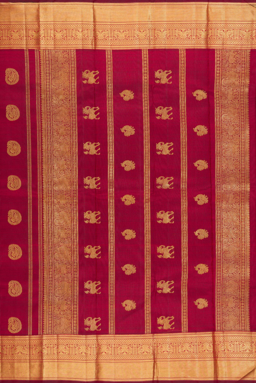 Close up image of the pallu of Pure Silk Pure Zari Maroon Kanjivaram Saree with Zari Butta on the body and Zari Border. 
