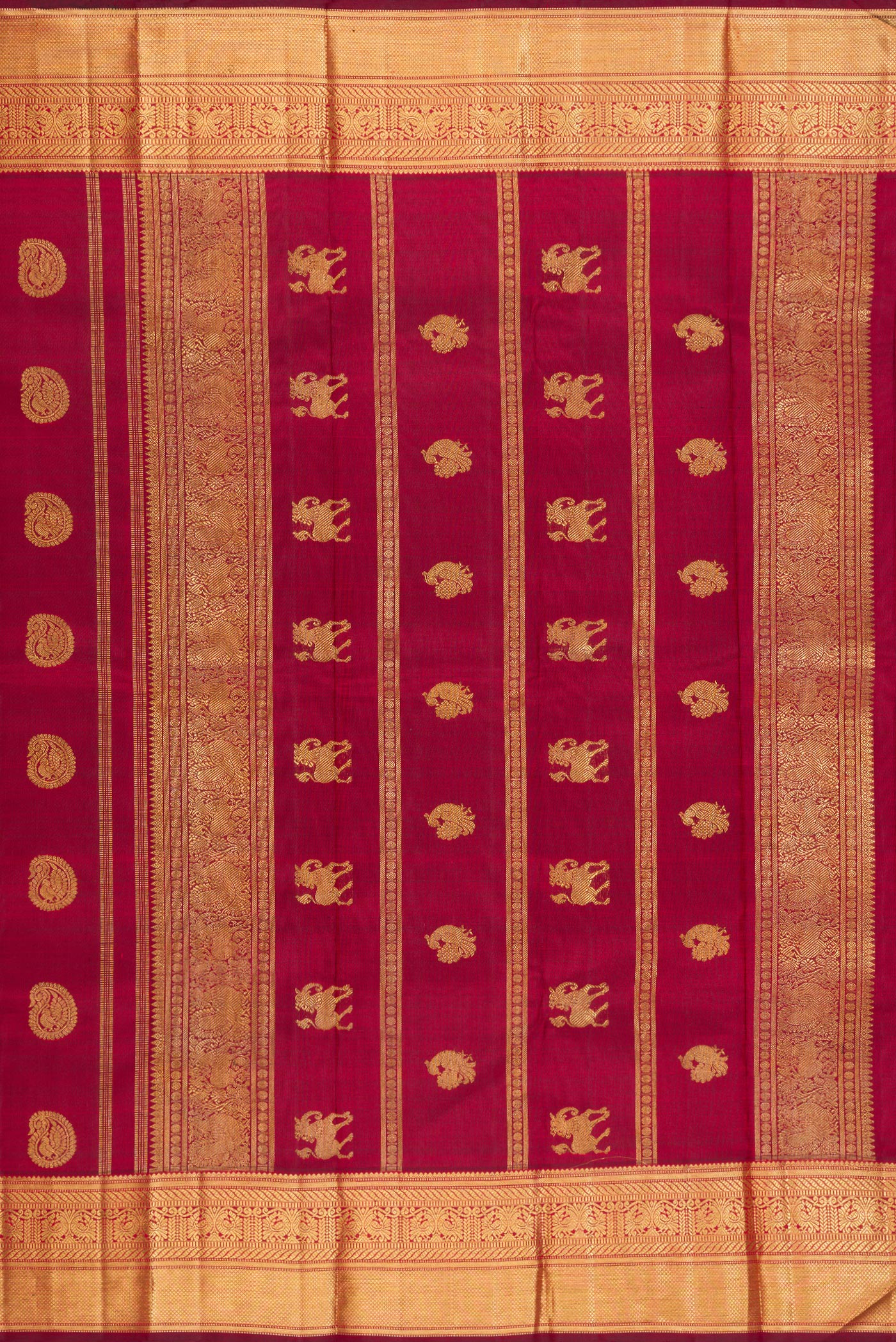 Close up image of the pallu of Pure Silk Pure Zari Maroon Kanjivaram Saree with Zari Butta on the body and Zari Border. 