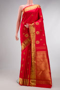 Pure Silk Pure Zari Red Dual Tone Kanjivaram Saree with Zari And Thread Butta on the body and Zari Border.  displayed on a mannequin
