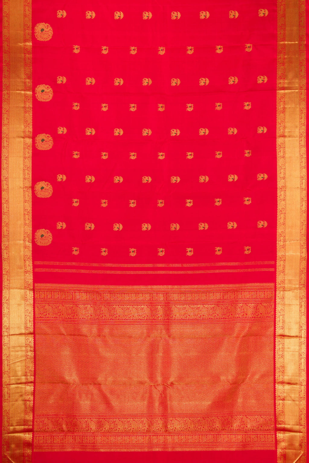 Flat view of Pure Silk Pure Zari Red Dual Tone Kanjivaram Saree with Zari And Thread Butta on the body and Zari Border. 