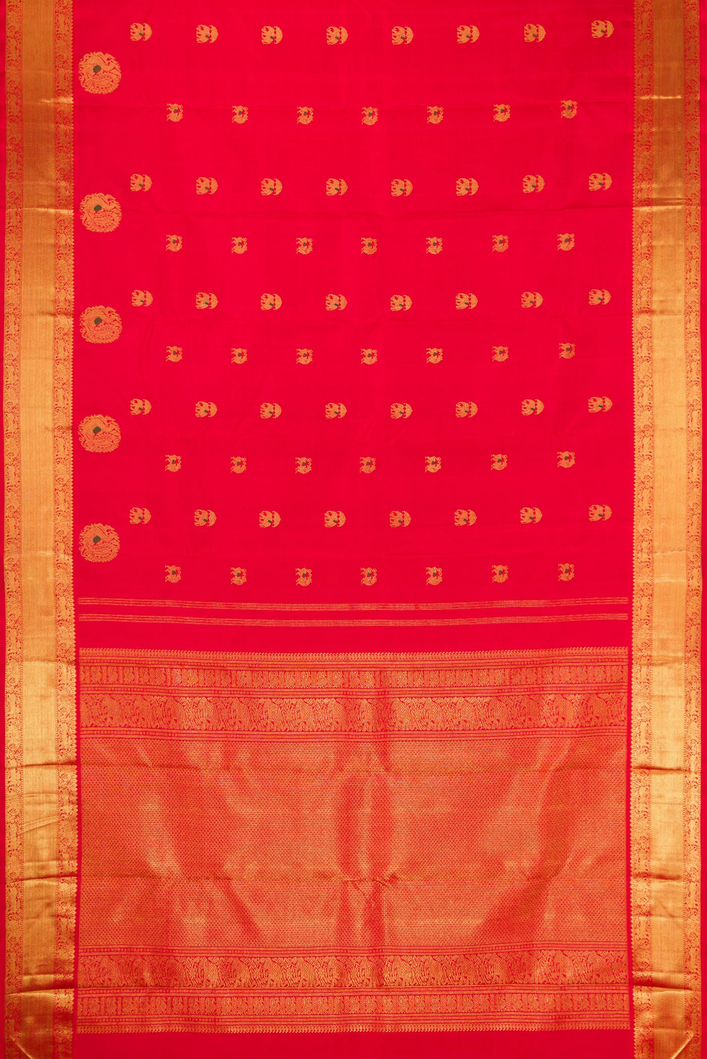 Flat view of Pure Silk Pure Zari Red Dual Tone Kanjivaram Saree with Zari And Thread Butta on the body and Zari Border. 