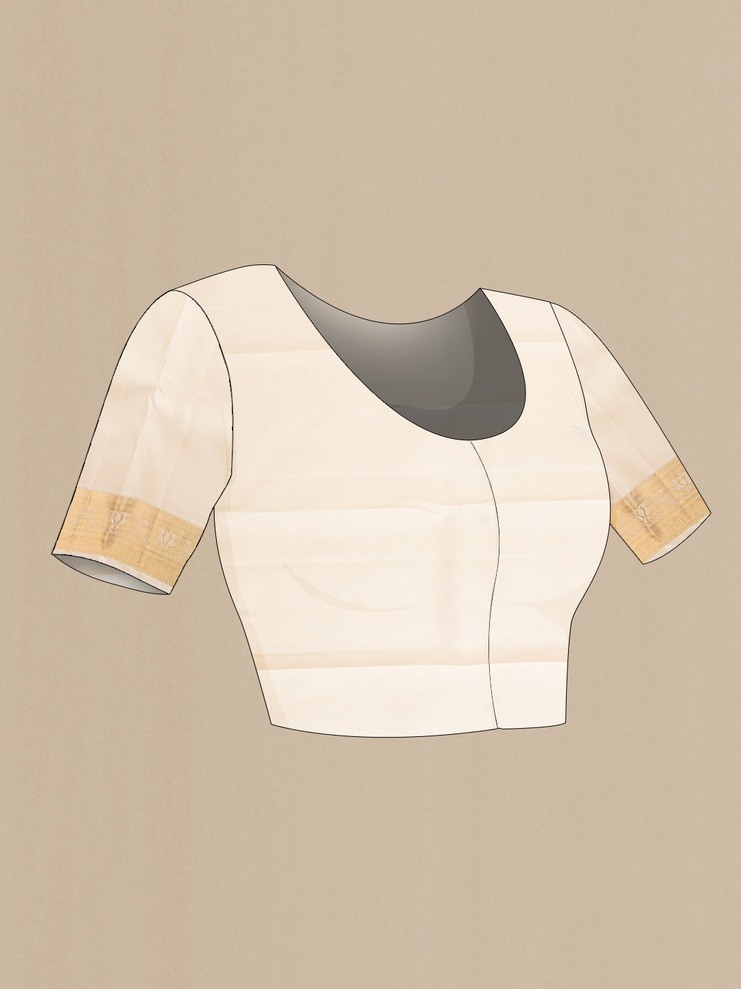 Close up image of the blouse of Pure Silk Pure Zari Cream Kanjivaram Saree with Zari Butta on the body and Fancy Border. 
