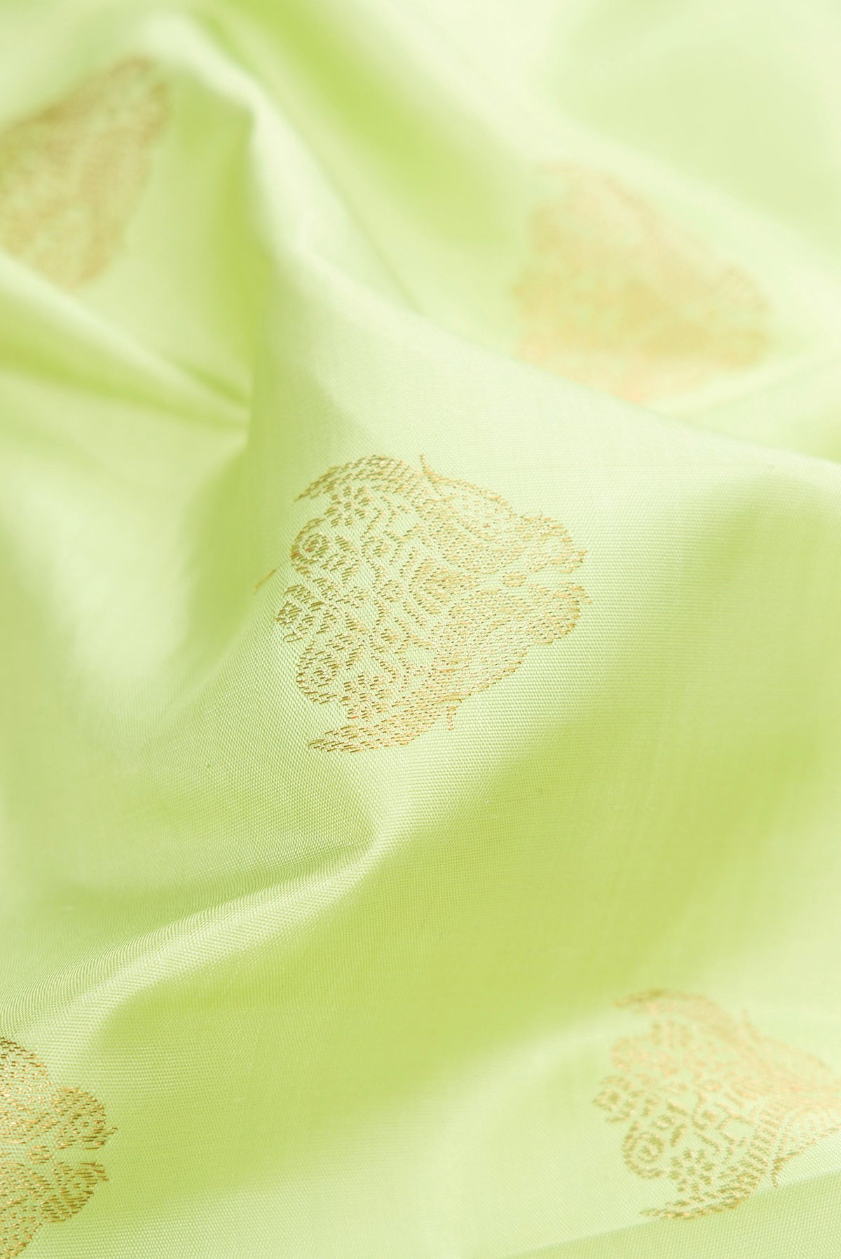 Close up of Pure Silk Pure Zari Parrot Green Dual Tone Kanjivaram Saree with Zari Butta on the body and Zari Border.  displaying folds