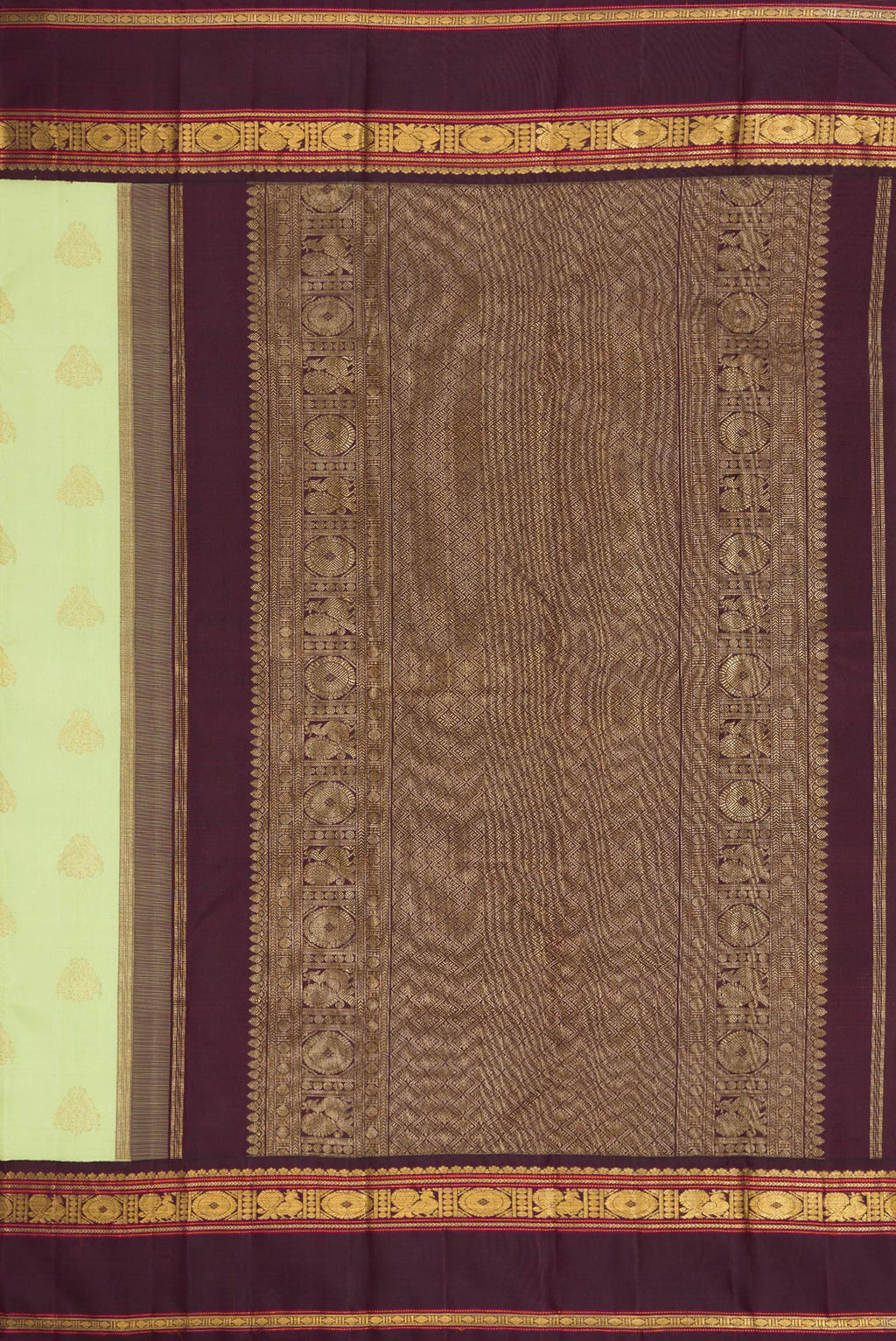 Close up image of the pallu of Pure Silk Pure Zari Parrot Green Dual Tone Kanjivaram Saree with Zari Butta on the body and Zari Border. 