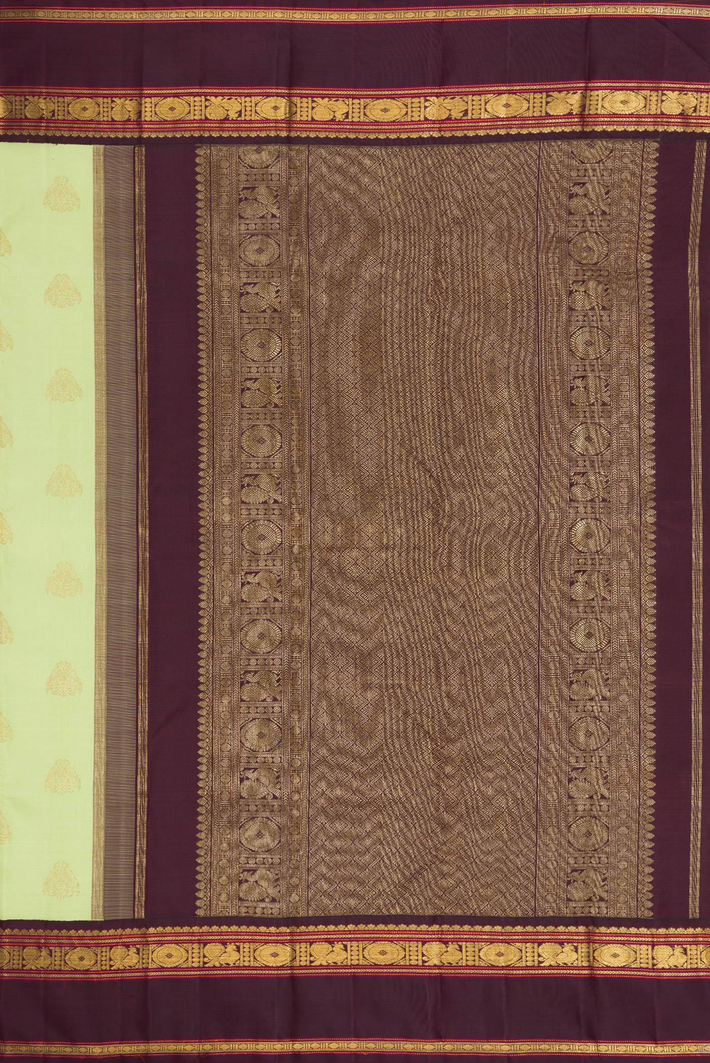 Close up image of the pallu of Pure Silk Pure Zari Parrot Green Dual Tone Kanjivaram Saree with Zari Butta on the body and Zari Border. 