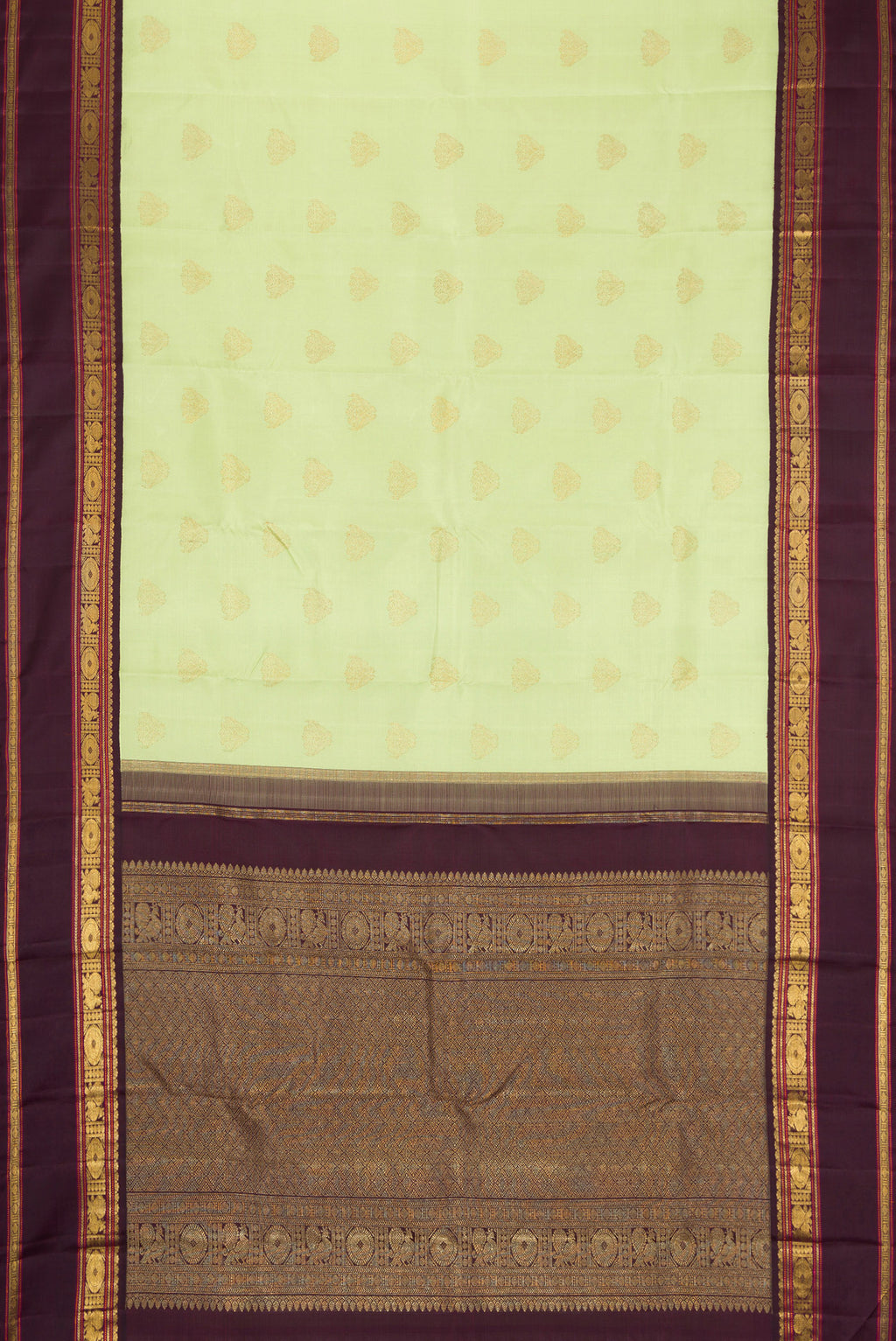 Flat view of Pure Silk Pure Zari Parrot Green Dual Tone Kanjivaram Saree with Zari Butta on the body and Zari Border. 