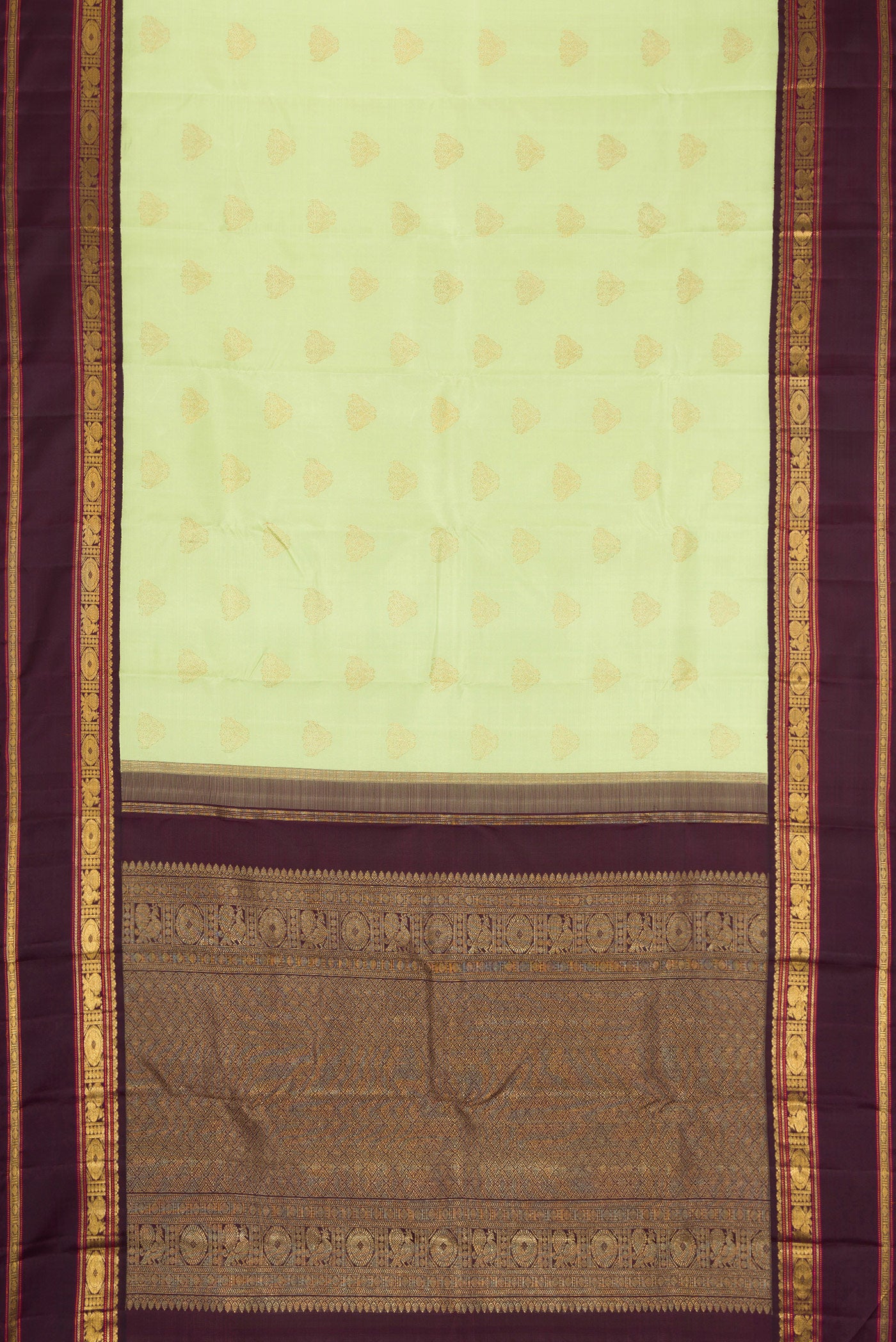 Flat view of Pure Silk Pure Zari Parrot Green Dual Tone Kanjivaram Saree with Zari Butta on the body and Zari Border. 