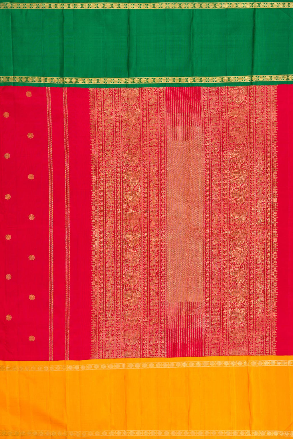 Close up image of the pallu of Pure Silk Pure Zari Red Kanjivaram Saree with Zari Butta on the body and Ganga Jamuna Border. 