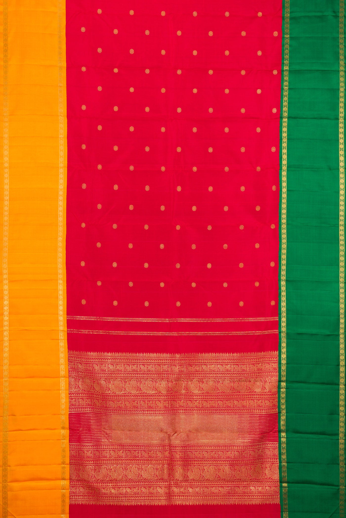 Flat view of Pure Silk Pure Zari Red Kanjivaram Saree with Zari Butta on the body and Ganga Jamuna Border. 