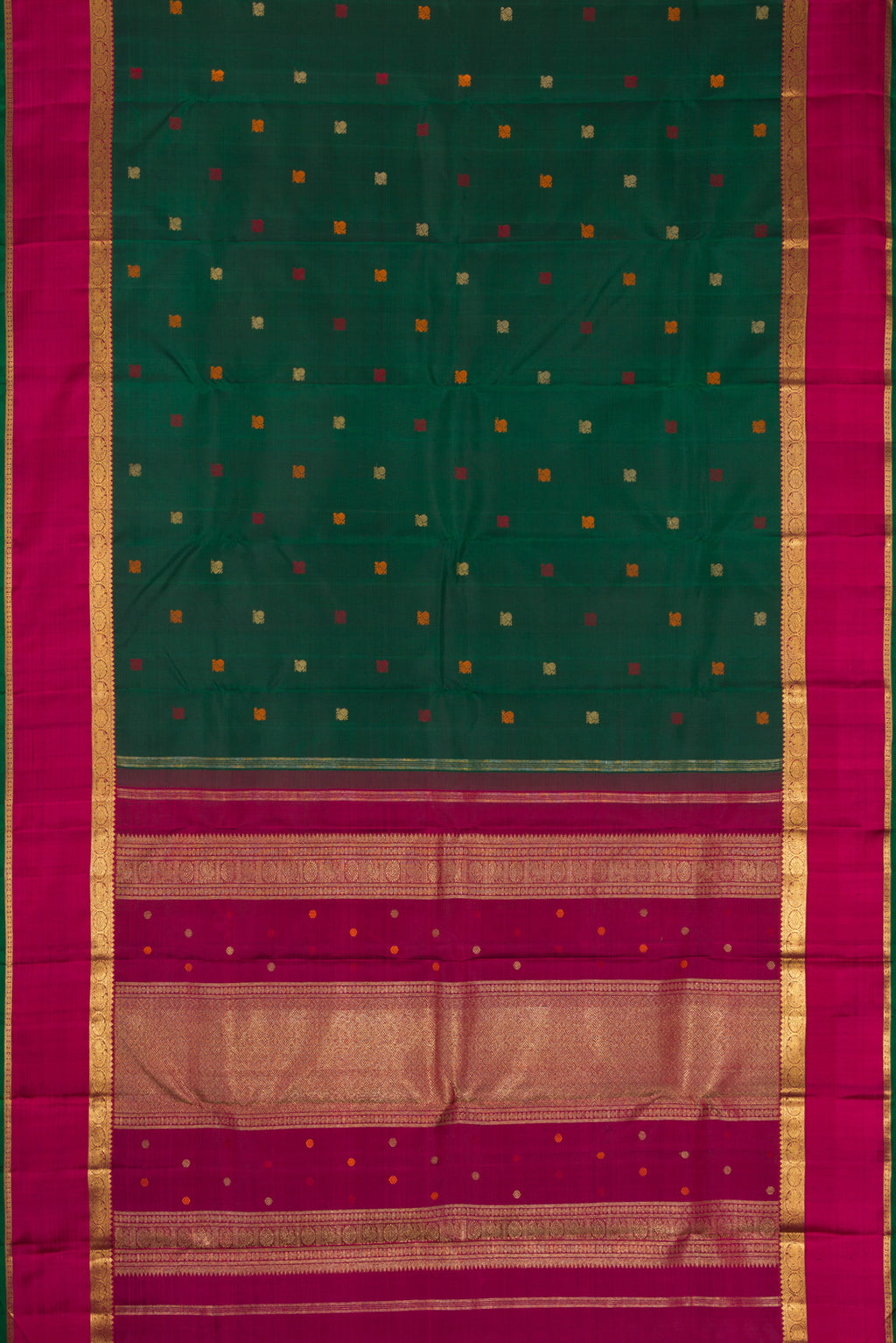 Flat view of Pure Silk Pure Zari Bottle Green Dual Tone Kanchipuram Saree with Zari And Thread Butta on the body and Zari Border. 