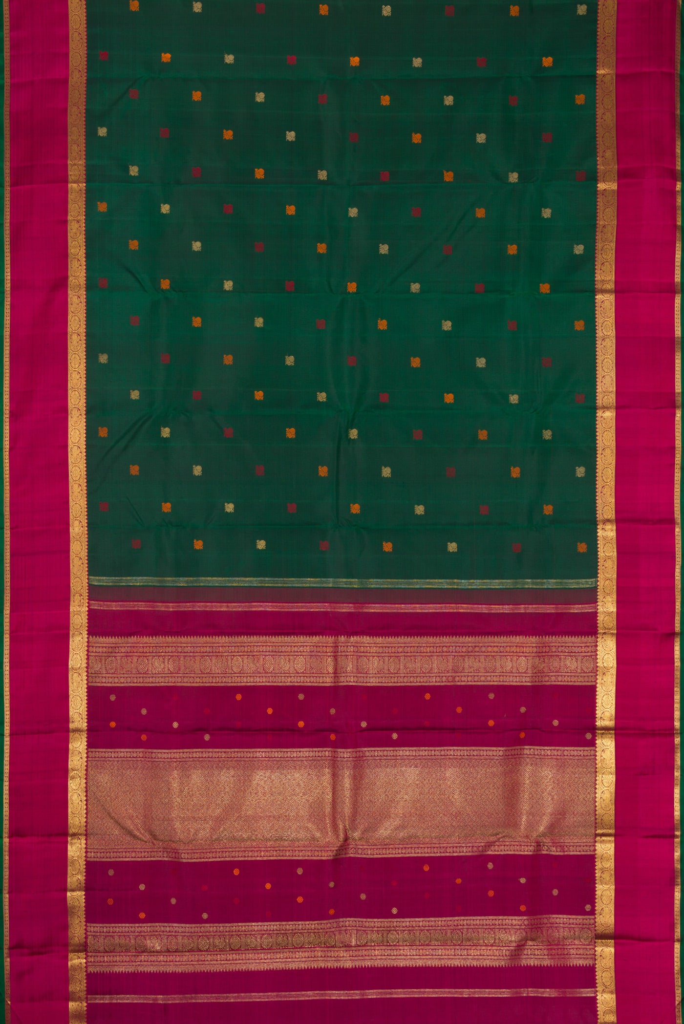 Flat view of Pure Silk Pure Zari Bottle Green Dual Tone Kanchipuram Saree with Zari And Thread Butta on the body and Zari Border. 