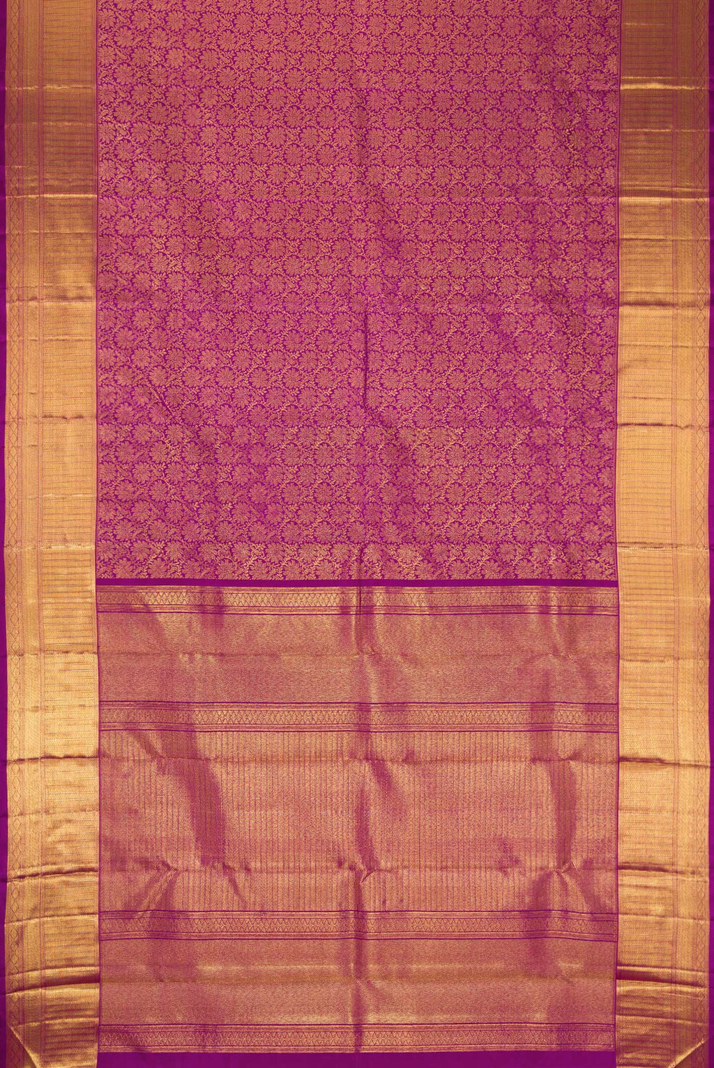 Flat view of Purple Dual Tone Kanjivaram Silk Saree with Zari Brocade on the body and Zari Border. 