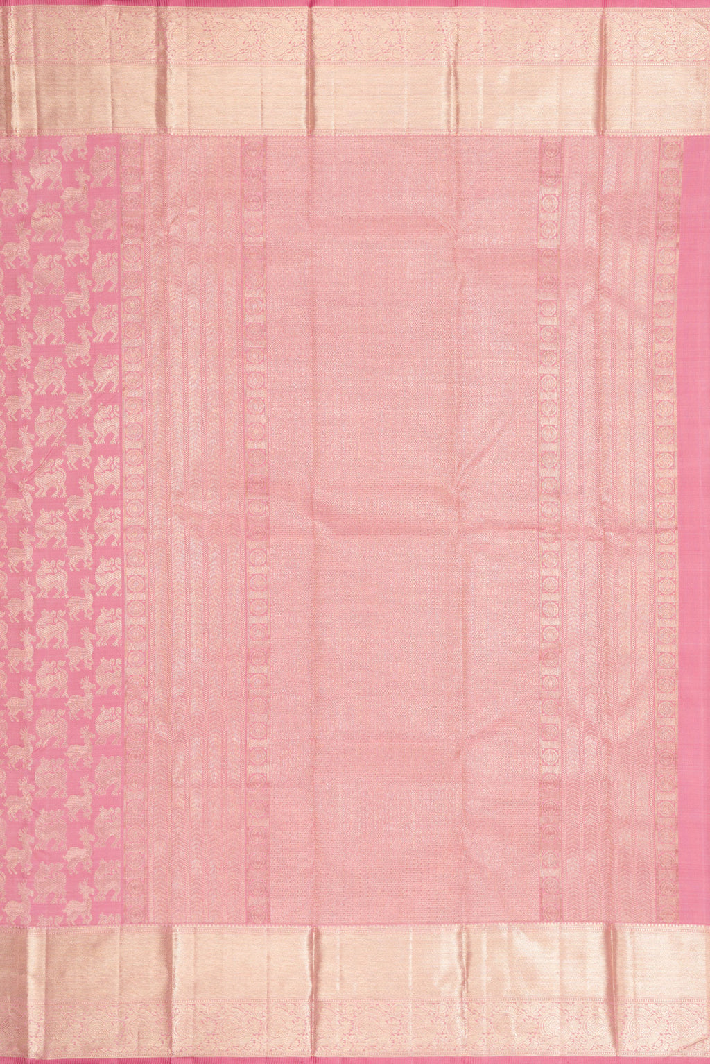 Close up image of the pallu of Pink Dual Tone Kanchipuram Silk Saree with Zari Brocade on the body and Zari Border. 