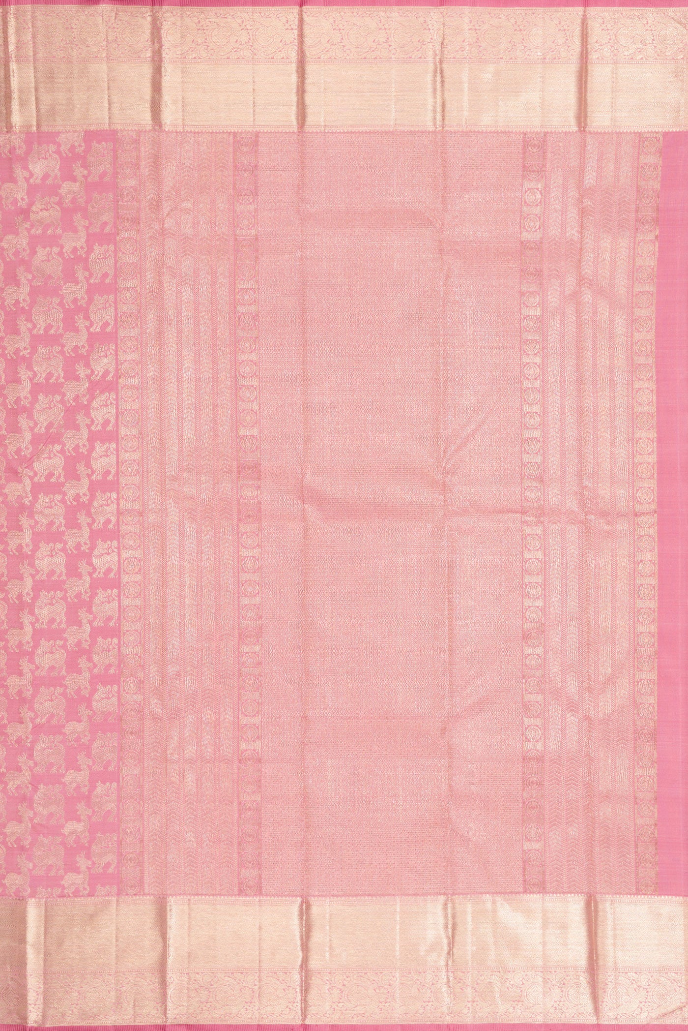 Close up image of the pallu of Pink Dual Tone Kanchipuram Silk Saree with Zari Brocade on the body and Zari Border. 