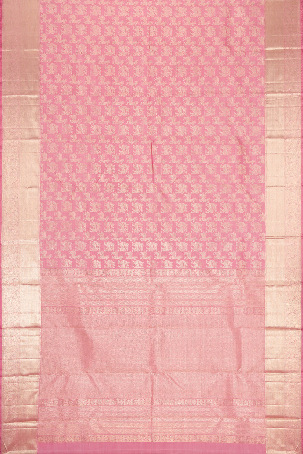 Flat view of Pink Dual Tone Kanchipuram Silk Saree with Zari Brocade on the body and Zari Border. 