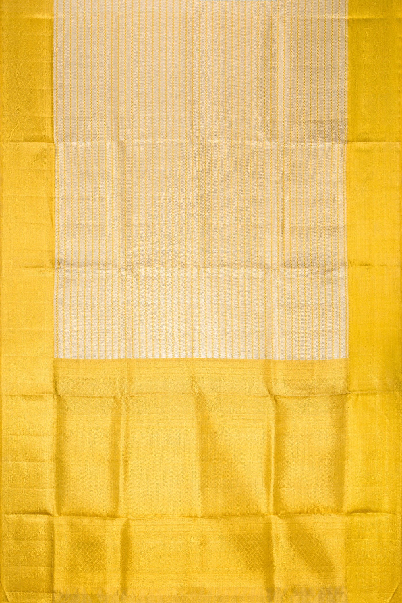 Flat view of Silver Dual Tone Kanjivaram Tissue Silk Saree with Zari Brocade on the body and Zari Border. 