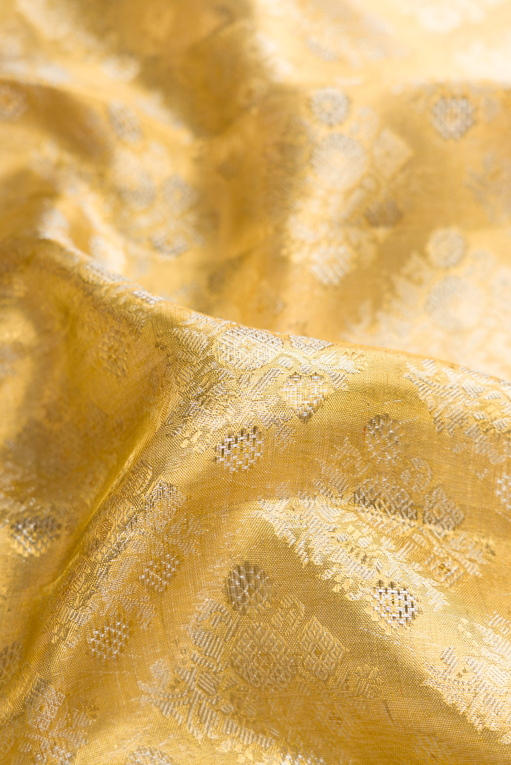 Close up of Gold Dual Tone Kanjivaram Tissue Silk Saree with Zari Brocade on the body and Zari Border.  displaying folds