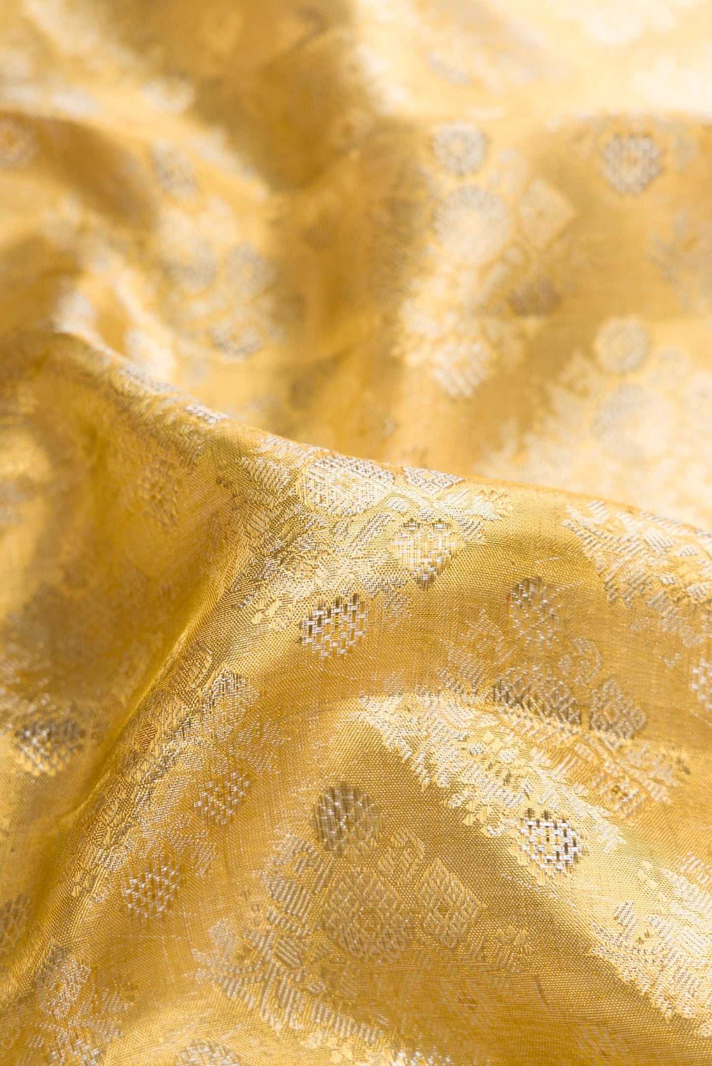 Close up of Gold Dual Tone Kanjivaram Tissue Silk Saree with Zari Brocade on the body and Zari Border.  displaying folds