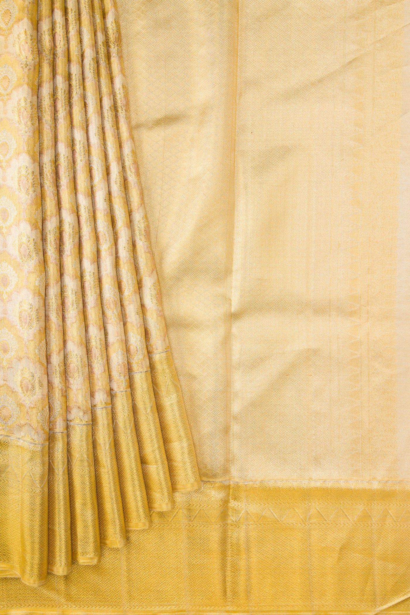 Pleats and pallu of Gold Dual Tone Kanjivaram Tissue Silk Saree with Zari Brocade on the body and Zari Border. 