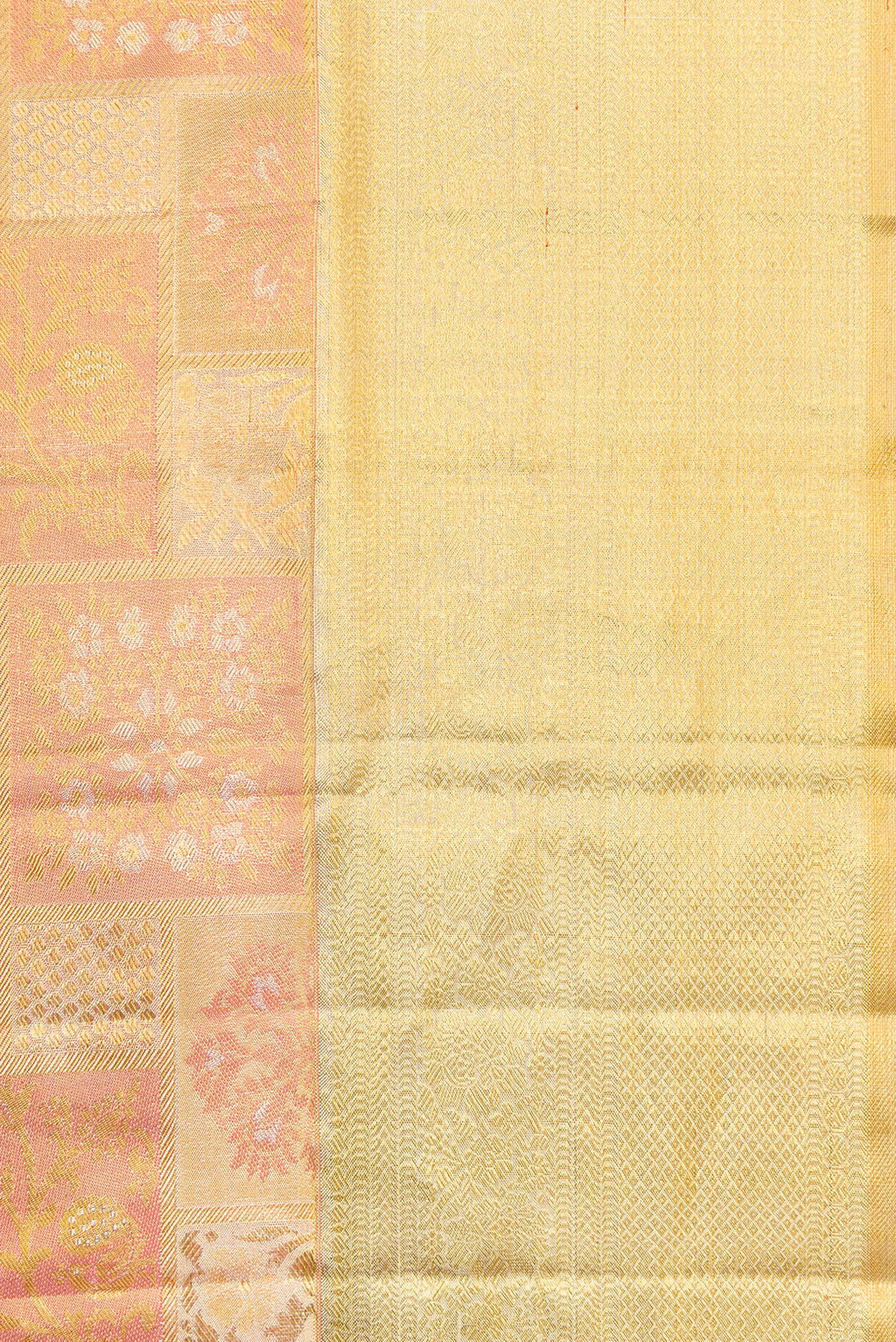Border image of Rose Gold Dual Tone Kanjivaram Tissue Silk Saree with Zari Brocade on the body and Zari Border. 
